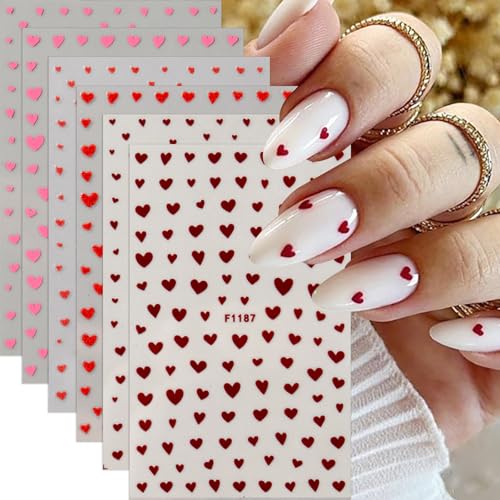 Valentines Day Nail Stickers Heart Nail Art Stickers 6PCS Self-Adhesive Cute Pink Red Heart Design Valentine Nail Decals Supplies Manicure Accessories DIY Salon Acrylic Nail Art Decorations for Women