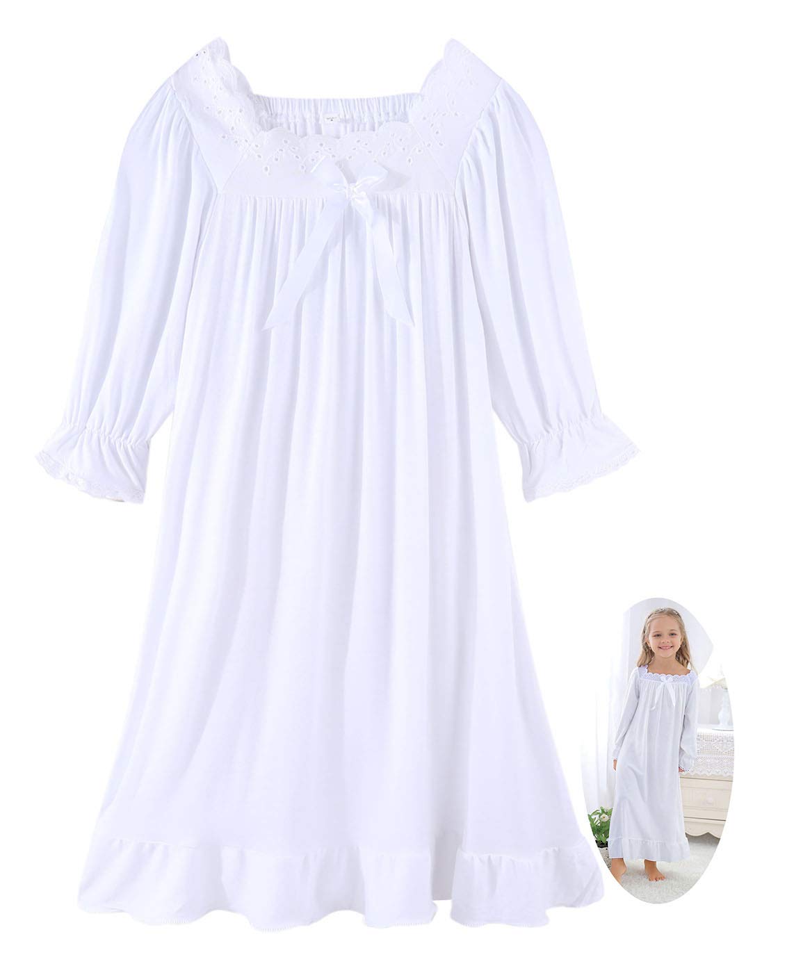 CHUNG Little Big Girls Nuisette en modal à manches longues pour fille de 3 à 12 ans Robe de nuit vintage à col rond et carré