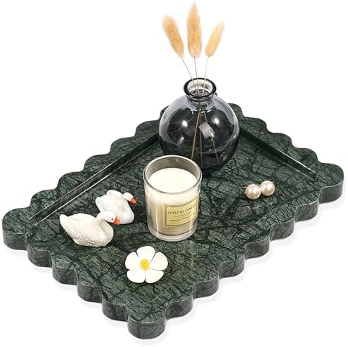 Scalloped Green Marble Tray - Large Home Decorative Stone Vanity Perfume Candle Plates for Bathroom Accessories Coffee Table, Key Dish for Kitchen Countertop Entryway (10.6