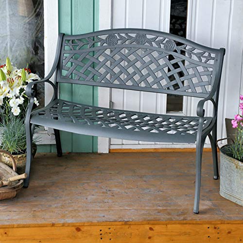 Image of Lazy Susan Willow Square Table with Rose Bench, Maintenance Free, Lightweight, Weatherproof, Sand Cast Aluminium, Slate Grey (Green Cushions)