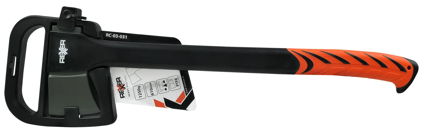 Rexxer siekiera zewnętrzna 1250 g | siekiera ręczna 60 cm | topór stolarski z trzonkiem z włókna szklanego | topór z ostrzem ze stali węglowej | młotek rozłupujący | siekiera do ogrodu i lasu | w zestawie ostrze i ochrona transportowa