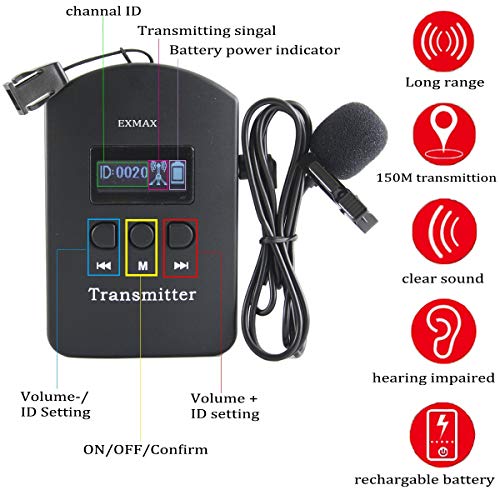 Sistema inalámbrico de interpretación de idiomas EXMAX EXD-101 de 2,4 GHz con 9999 canales para visitas guiadas en museos, capacitaciones, conferencias y ferias comerciales (1 transmisor y 5 receptores) miniatura 6