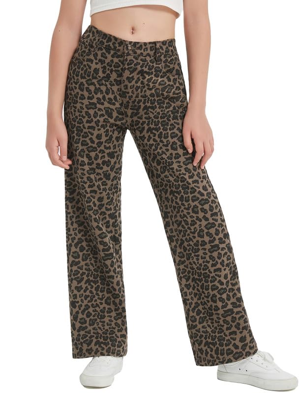 EXARUS Girls Jeans Wide Leg Baggy Cheetah Print Denim Pants with Pockets Casual for Kids Khaki 8Y