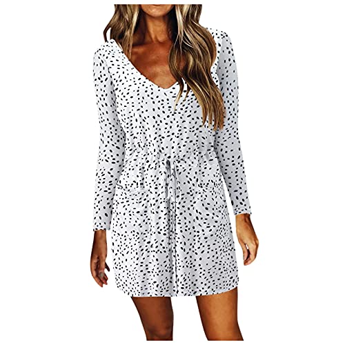 BESSKY Women Fashion Sexy V-Neck Long Sleeve Dress Casual Pocket Lace-up Knee-Length Dress (White)