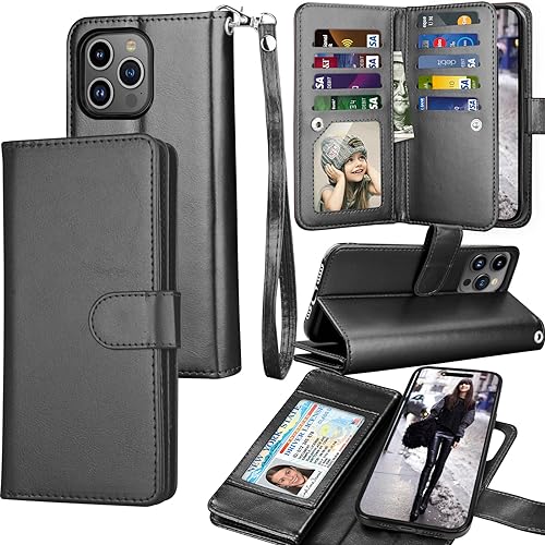 Tekcoo Wallet Case Compatible with iPhone 15 (6.1 inch) 2023 Luxury ID Cash Credit Card Slots Holder Carrying Pouch Folio Flip PU Leather Cover [Detachable Magnetic Hard Case] with Strap [Black]