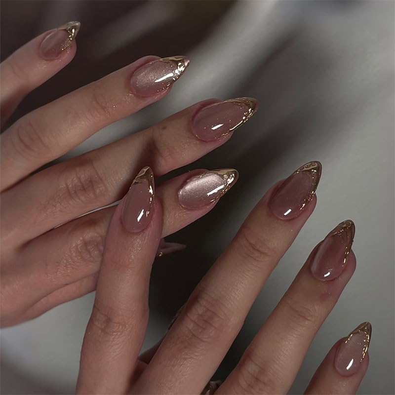 ERICO Peach Cat Eye Golden Tip Almond Press On Nails Kit for Women And Girls Fake Nail Extension | Reusable Nail Extension For Women With Glue Tab | Long Lasting Glossy Finish Artificial Nails | Easy to Apply Fake Nails for Salon Look at Home | Stick-On Manicure Kit For Parties, Weddings And Gifts | Trendy Nail Art Set for All Occasions-image-20
