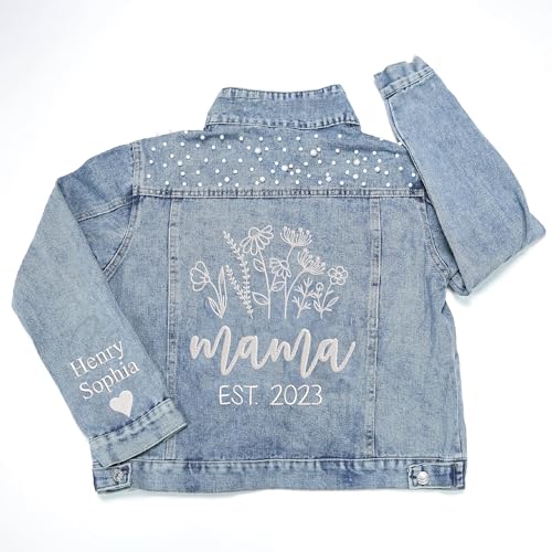 Customized Mama Denim Jacket With Pearls, Embroidered Jacket For, Personalized Mom Floral Denim Jacket Pearls, Custom Kids Names On Sleeve, Embroidered Denim Jacket3