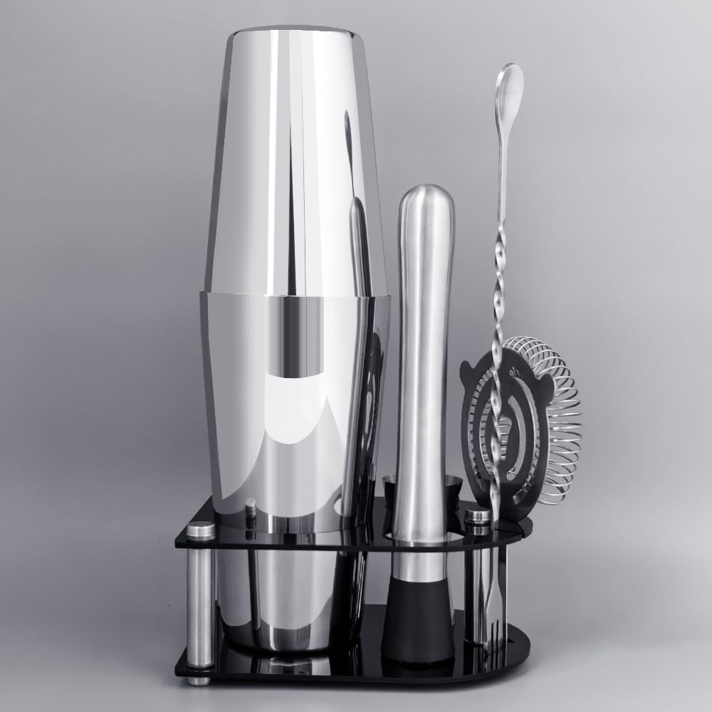 5 Piece Cocktail Shaker Bartender Kit: 750/600ml(25/20oz) Cocktail Shaker Set with Stand, Drink Mixing Includes Martini Shaker,Strainer,Jigger,Bar Mixer Spoon,Muddler Bar Tool Set (Silver)