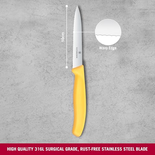 Image of Victorinox Swiss Made Stainless Steel Swiss Classic Paring Knife, 10 cm, Serrated Edge with Pointed Tip, Professional and Household Kitchen Tools, Kitchen Items, Yellow, 6.7738.C1 | Multipurpose Knife