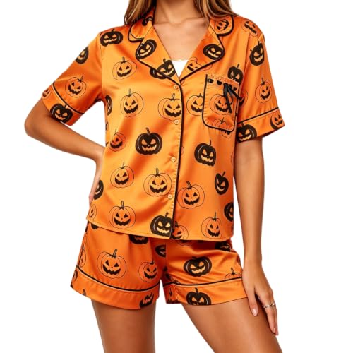 Image of Women Holiday Satin Pajamas Short Sleeve Shirts Shorts Set 2pc Loungewear