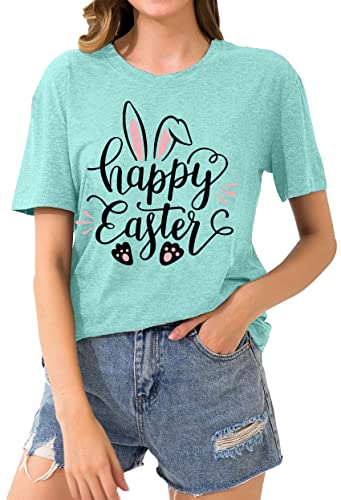 Image of Women Happy Easter T Shirt Bunny Rabbit Graphic T-Shirt Funny Letter Printed Shirts Short Sleeve Tops