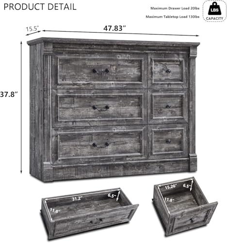 Image of Farmhouse 6 Drawers Dresser for Bedroom, 48 inch Wide Large Dressers & Chests of Drawers w /Roman Column, Storage Dressers Organizer for Bedroom, Hallway, Living Room, Light Grey