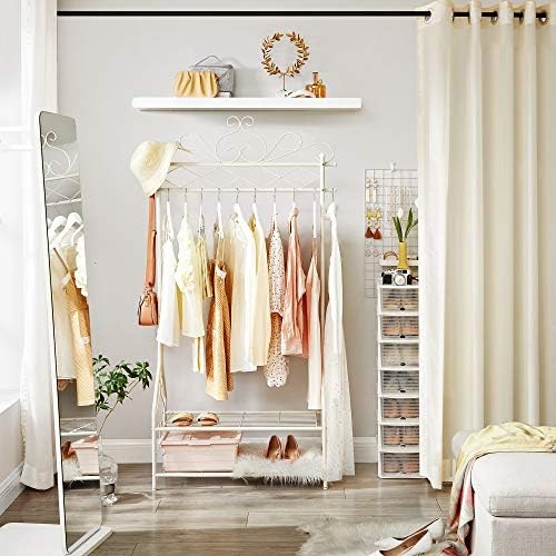 SONGMICS Vintage Clothes Stand and Rack with Garment Rail and 2 metal shelves 92 x 41 x 173 cm (W x D x H) Cream HSR07W