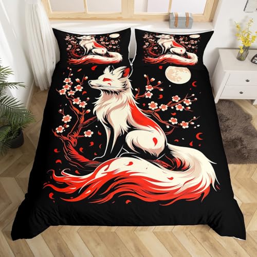 Japanese Style Fox Duvet Cover Set Queen Size,Japan Ukiyo-e Cherry Blossom Sakura Bedding Set,Boys Girls Room Decor,Wild Animal Rustic Comforter Cover,Red Black Quilt Cover,2 Pillowcases(No Comforter)