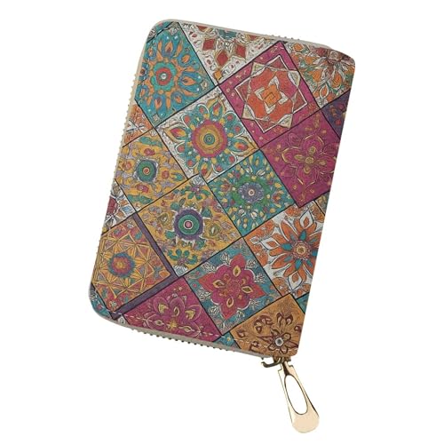 Boho Bohemian Mandala Card Case Leather Credit Card Holder with Zipper,RFID Blocking,20 PVC Slots Small Card Wallet for Women Men