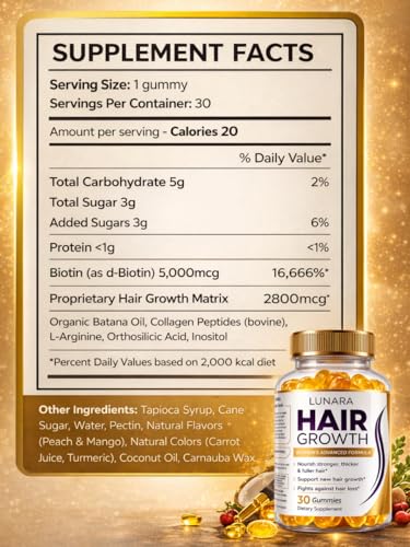 Image of Lunara Hair Growth for Women, Biotin, Collagen, Batana Oil + Vitamins | Support Hair Loss, Thicker, Fuller, Stronger Hair | Advanced Gummies Supplement for Women, 1 Month Supply