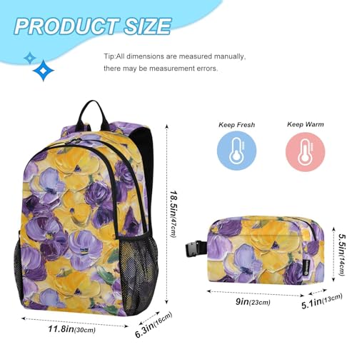 Backpack Lunch Bag Set for Travel Hiking Picnic, Purple Yellow Flowers Print Backpacks with Insulated Lunch Box2
