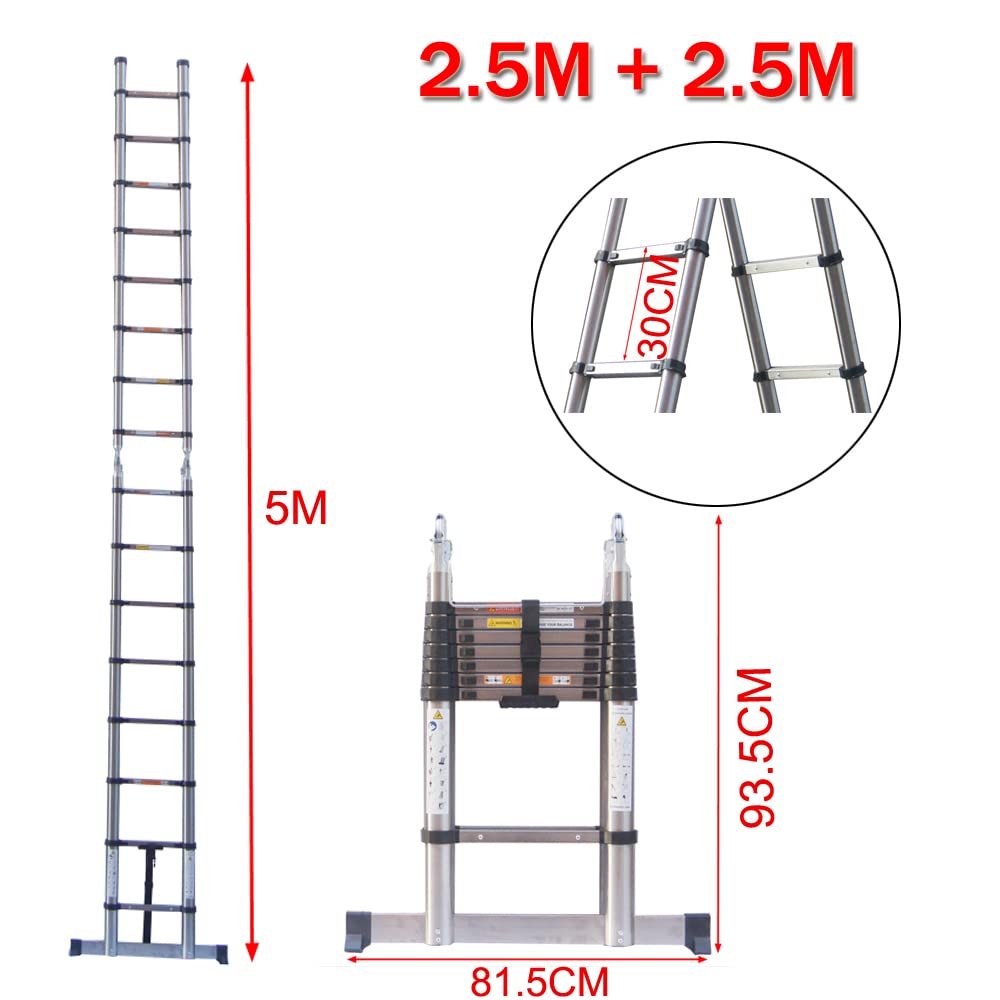 16.5FT Edelstahl Teleskopleiter, Rutschfester Klappleite Schiebeleiter, Ausziehbare Leiter 5M für Wohnmobile, Dachböden, Dachböden, Häuser, 330lbs Tragfähigkeit