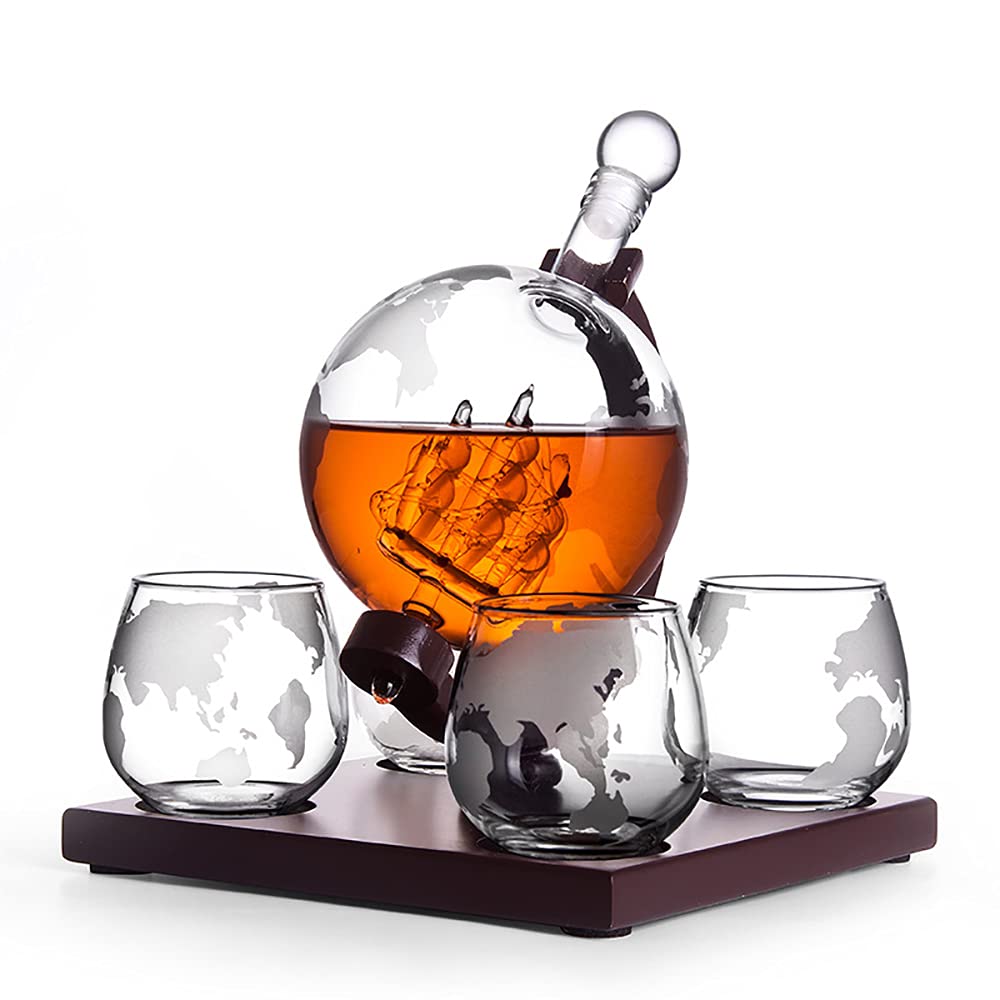Juego de decantador de whisky Decantador de globo terráqueo grabado con 4 vasos Decantador de licor de 1000 ml para whisky escocés Vodka Escocés, accesorios de bar para el hogar de ron para hombres,