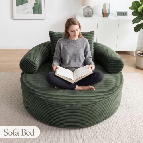 Image of Trustyue Boneless Couch,Comfy Fluffy Sofa Bed,Upholstered Sleeper Sofa with Cup Holder and Throw Pillows,Corduroy Plush Cloud Lounge Chair (Green, Corduroy)