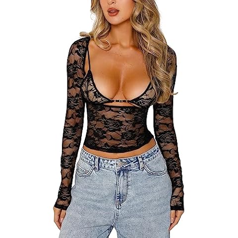 Mioliknya Women Lace Long Sleeve Crop Top Sexy Sheer Mesh Low Cut Slim Fit Tee Top Y2K Shirt Blouse (A-Black, M) Cover