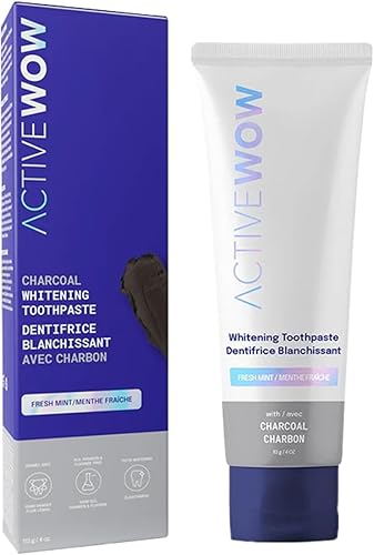 Active Wow Pasta de dientes de carbón activado, fórmula blanqueadora de dientes con aceite de coco orgánico y xilitol (paquete de 4 unidades)