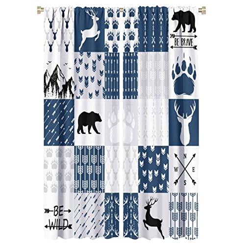 Image of INSFBRB Rustic Deer Bear Blackout Curtains for Bedroom - Retro Cabin Hunting Theme Forest Wildlife Blue Plaid Check Window Treatment,Rod Pocket Room Darkening Curtains 2 Panels 63L x 21W