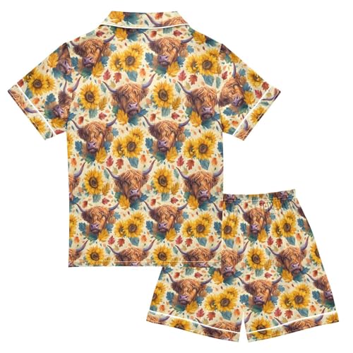 ALAZA Watercolor Yak Cow Sunflower Blossom Satin Pajamas Set Short Sleeve Button Down Sleepwear Summer Pjs 2 Piece2