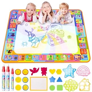 Water Doodle Magic Mat, 100 x 78cm Multicolored No Mess Water Drawing Mat with 3 Magic Pens & 6 Stamps - Educational Kids Toys & Xmas Gifts for Boys & Girls Age 3 4 5 6 Years Old
