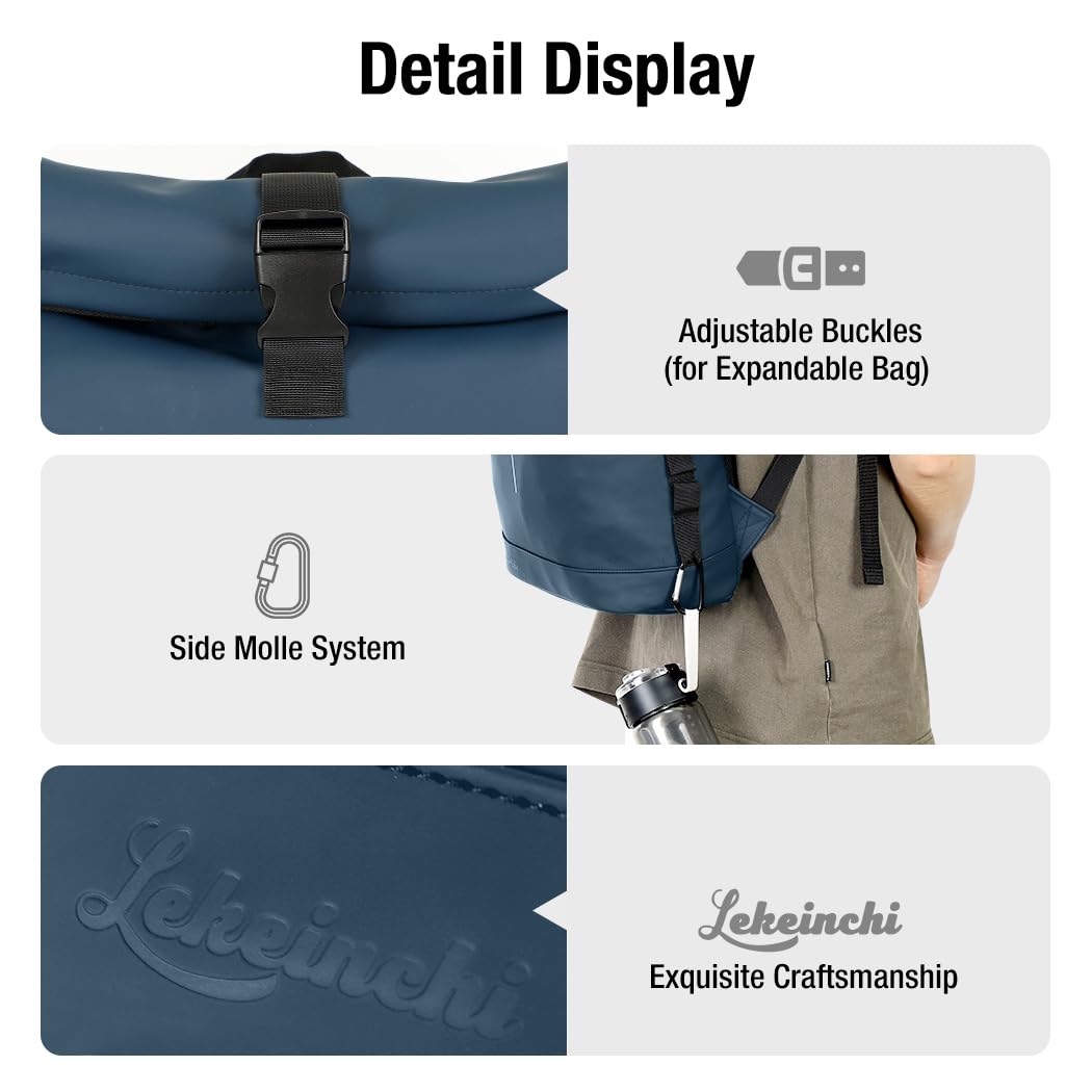 Lekeinchi Zaino Rolltop Uomo Donna Porta PC 17 Pollici | Zaino Impermeabile Uomo Donna - Rains Zaino con Strisce Riflettenti - Zaino da Viaggio Espandibile - Casual Lavoro Università - Blu