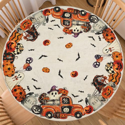 Halloween Round Fitted Tablecloth 36-40 inch, Orange Ghost Pumpkin Car Dot Table Cloth Elastic Edge,Fanciful Gothic Gravestone Bat Tablecloths Waterproof Washable, Picnic Camping Dining Party Decor