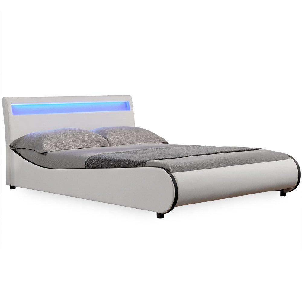 Corium Struttura Letto Imbottito a Testiera Alta con Illuminazione a LED e Telecomando Letto Francese 140x200 cm Bordi Curvi Rivestimento in Similpelle - Bianco