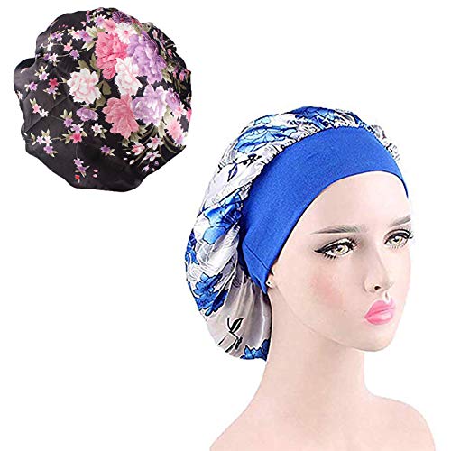 Wide Band Bonnet Night Sleep Cap Sleeping Head Cover for Women Girls (Black Floral+White Floral,2 Pieces)