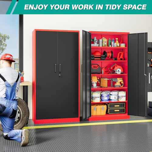 Image of SISESOL Wide & Deep Metal Storage Cabinet with 5 Shelves,72 inch Tall Red Garage Storage Cabinet with Lock,Metal Cabinets with Locking Doors,Lockable Steel Cabinets for Home,Office,Shop,Garage,72x36x18