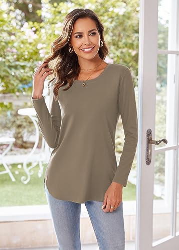 Image of Herou Women's Casual Long /Short Sleeve T Shirt Crewneck with Side Split Fall Pullover Loose Tunic Sweater Tops
