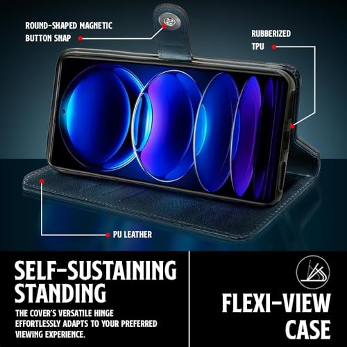 Image of WOW IMAGINE Shock Proof Flip Cover Back Case for Redmi Note 12 Pro 5G (Magnetic Button Flip Case | Wallet Pockets & Stand | Leather Finish | Oxford Blue)