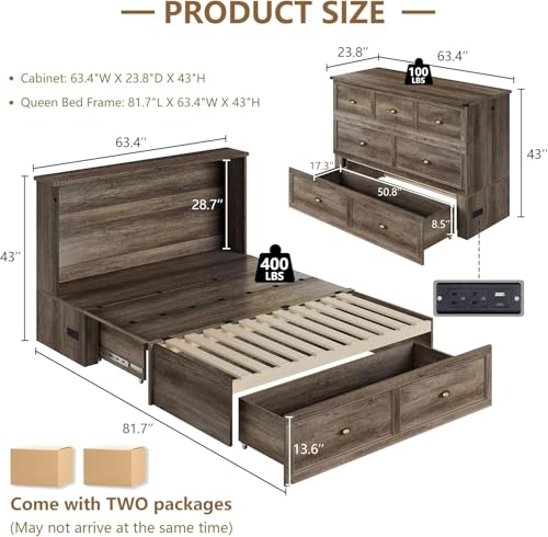 Image of AMERLIFE Queen Size Murphy Bed, Farmhouse Wooden Cabinet with Charging Station and Storage Drawer for Bedroom /Office /Guest Room, Grey Oak