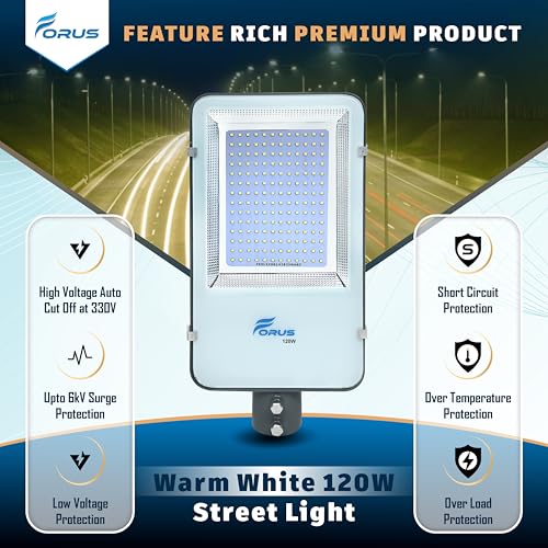 Image of Forus 120W LED Street Light Outdoor with 4-Yr Warranty, High Lumen 120 lm /W Waterproof Warm White Light, Energy Saving Aluminium LED Street Lamp for Road, Parking Lot, Industrial Area Lighting (1 PC)