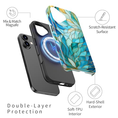 Image of Goodon for iPhone 17 Case Cute - Wireless Charging Compatible - Dual-Layer Hard Shell + Silicone Cover - Protective Phone Case with Trendy Designs for Women - Blue Leaves Flower
