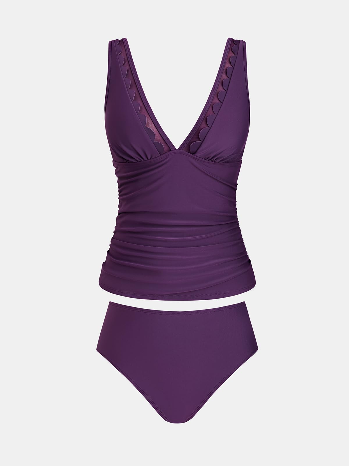 CUPSHE Tankini pour femme - Col en V - Maille festonnée - Bretelles réglables - Maillot de bain taille mi-haute