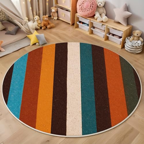 Tapis rond rayures rétro classic shaggy chambre vertical coloré - 4