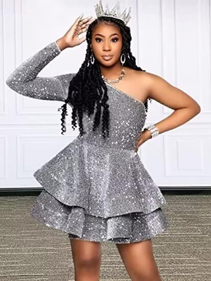 HUUTOE Long Sleeve Sequin Homecoming Dresses for Teens Sparkly One Shoulder Short Prom Dress Layered Cocktail Party Gown2