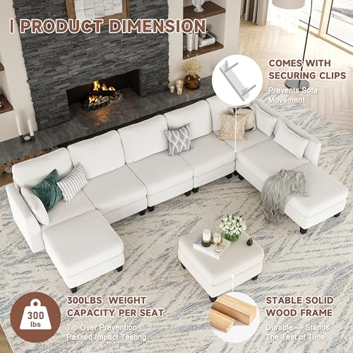 Modular Sectional Sofa, Convertible U Shaped Sofa Couch with High Density Memory Foam, 6 Seat Comfy Modular Sofa Couch for Living Room, Modern U Shaped Sectional Sofa, White