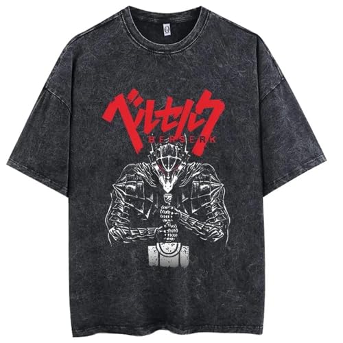 Berserk Anime Graphic T-Shirt, Algodón Lavado Vintage, Negro, Manga Corta, S-3XL (Black-13,3XL)