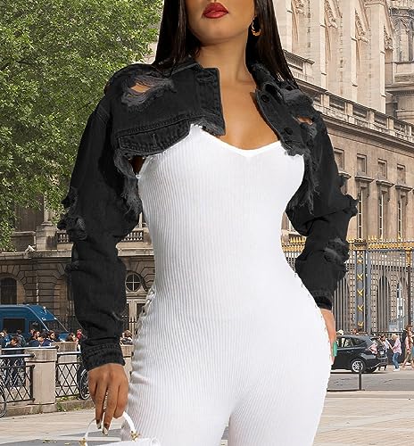 Image of Cropped Denim Jackets for Women Long Sleeve Ripped Crop Top Jean Jackets