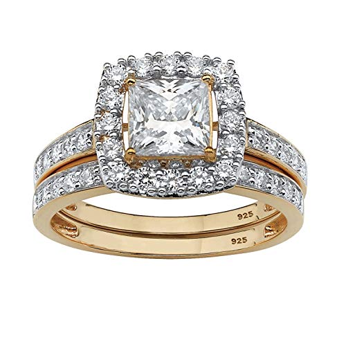 18K Yellow Gold over Sterling Silver Princess Cut Cubic Zirconia Halo Bridal Ring Set