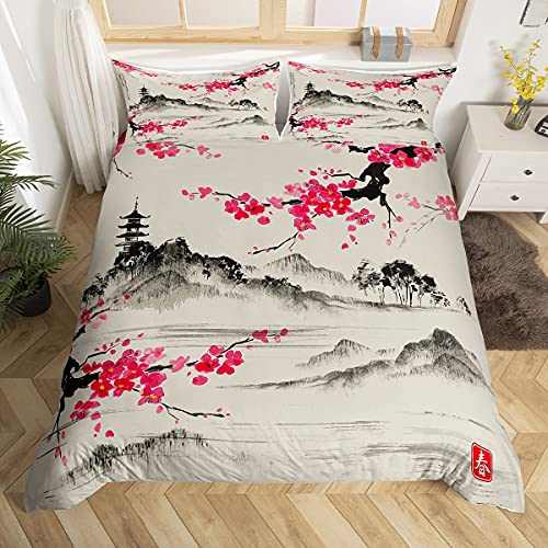 Homemissing Sakura Housse de Couette Japon Fuji Mountain Literie pour Enfants garçon Fille Style Japonais Housse de Couette 200x200cm Aquarelle Vintage Parure...
