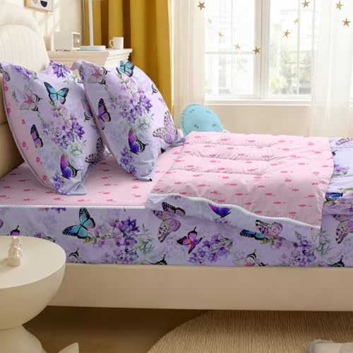 Image of Kids Comforter Set,Zipper Bedding Twin for Girls,Purple Butterfly Printed Comforter Set with Color Spots Fitted Sheets and Pillowcases for All Season(Purple Butterfly)