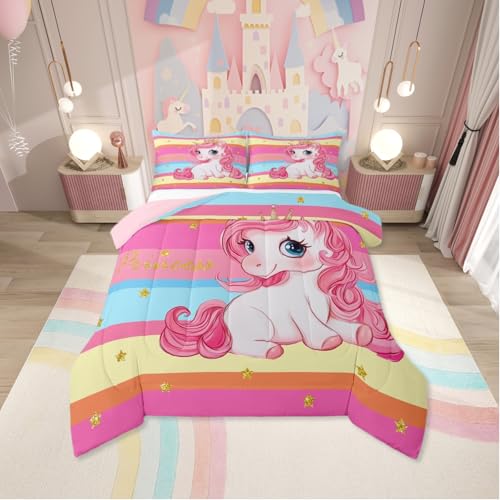 Image of Erosebridal Pink Unicorn Full Bed Comforter Set for Girls | Princess Rainbow Unicorn Bedding Set Cute Stars Striped Bed Sets Girly Cartoon Horse Quilt Comforter Fantasy Girls Room Decor,3 Pcs