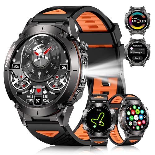 PODOEIL GPS Military Smart Watch for Men with Bluetooth Call, 1.43" AMOLED Waterproof Smart Watch with Flashlight, 170+ Sport Mode, 730mAh Heart Rate/SpO2/ Sleep Monitor Fitnes Tracker for Android iOS